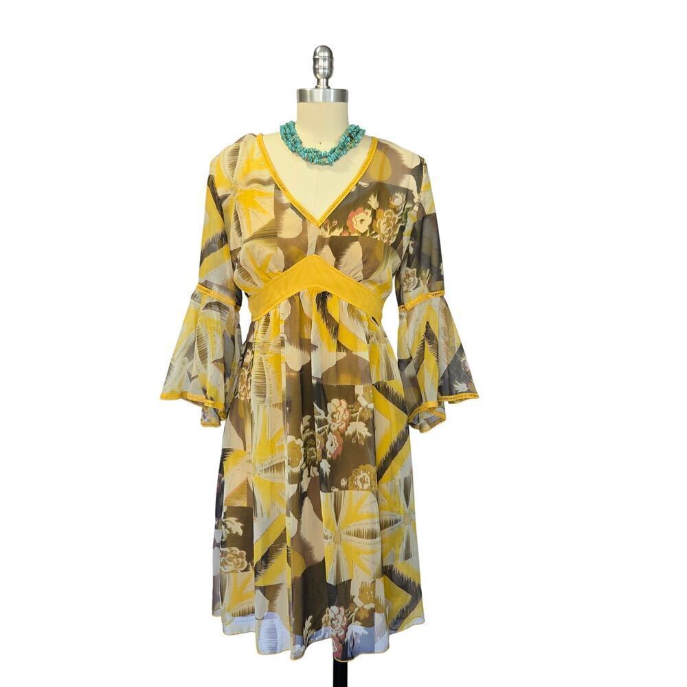 Vintage 90s does 70s biyaycda Dress Size 10 Yellow Boho Bell Sleeve Chiffon - Picture 2 of 9